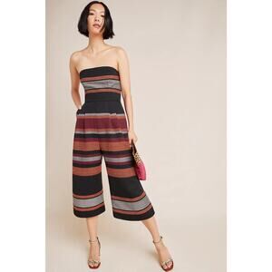 Corey Lynn Calter Strapless Wide-Leg Striped Jumpsuit in Black, Rust, Gray